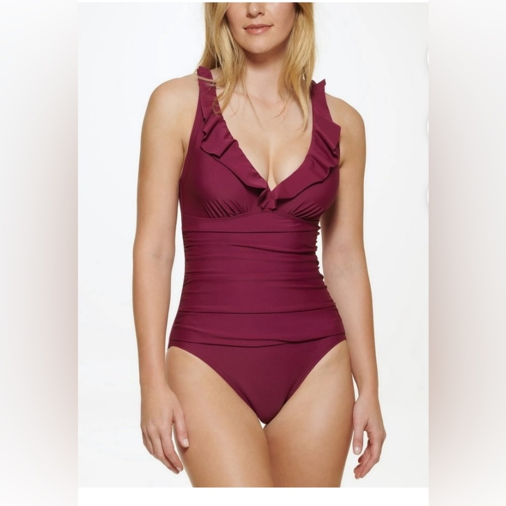 DKNY V-neck ruffle swimsuit, size 14, wine color.